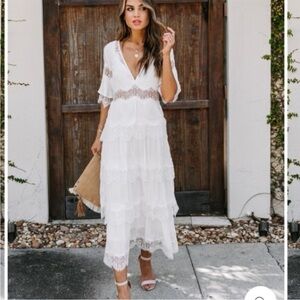 NWT STORIA ANTHRO White Lace Ruffle Dress Tier Boho Maxi Delicate Coastal Med